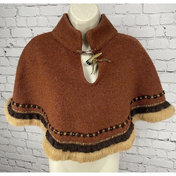 VTG F.L. Malik Brown Mohair Fur Horn Toggle Shawl Cape USA Made Size Small S - Picture 1 of 10